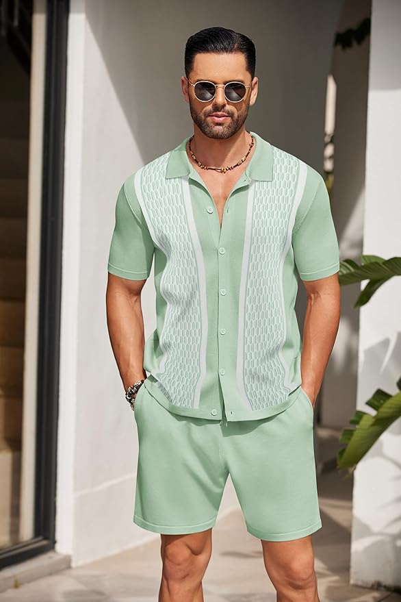 Vintage Short Sleeve Button Down Knit Polo Shirts Casual Beach Shorts Sets - Bellkmart