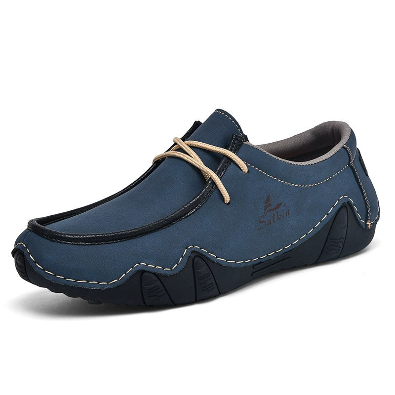 Men's Casual Suede Loafers with Contrast Stitching and Textured Sole - Bellkmart