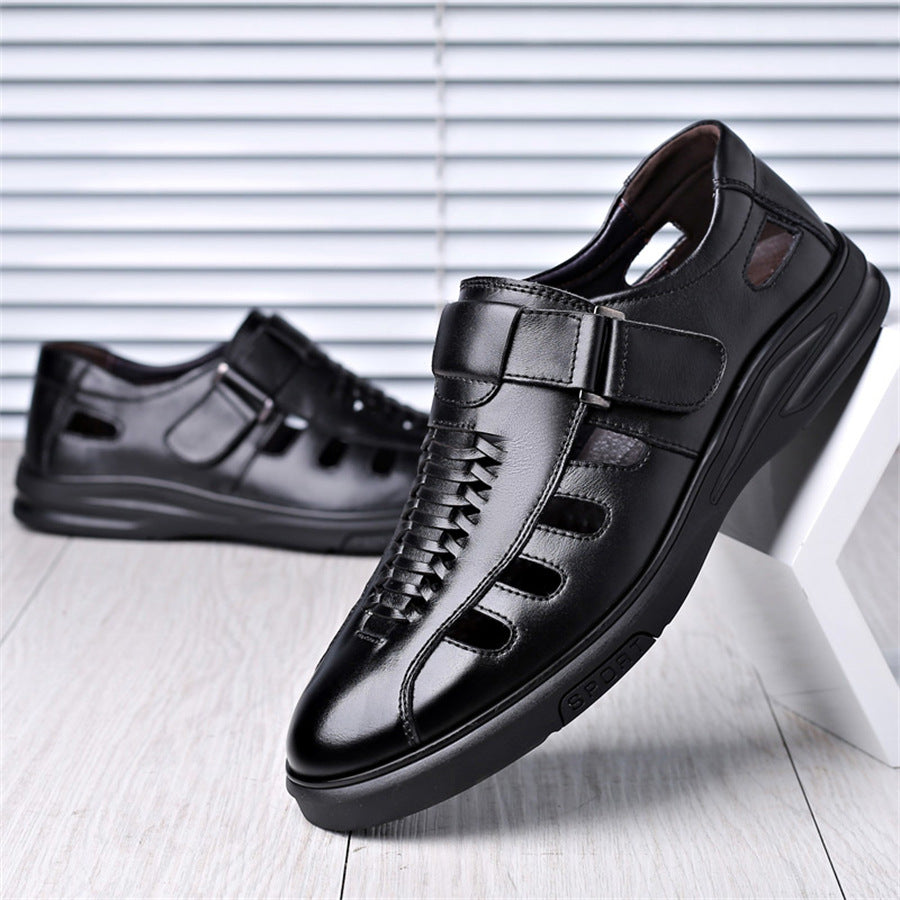 Men's Leather Sandals with Woven Detailing and Adjustable Buckle Strap - Bellkmart