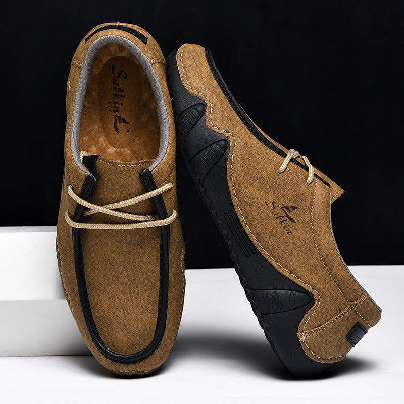 Men's Casual Suede Loafers with Contrast Stitching and Textured Sole - Bellkmart