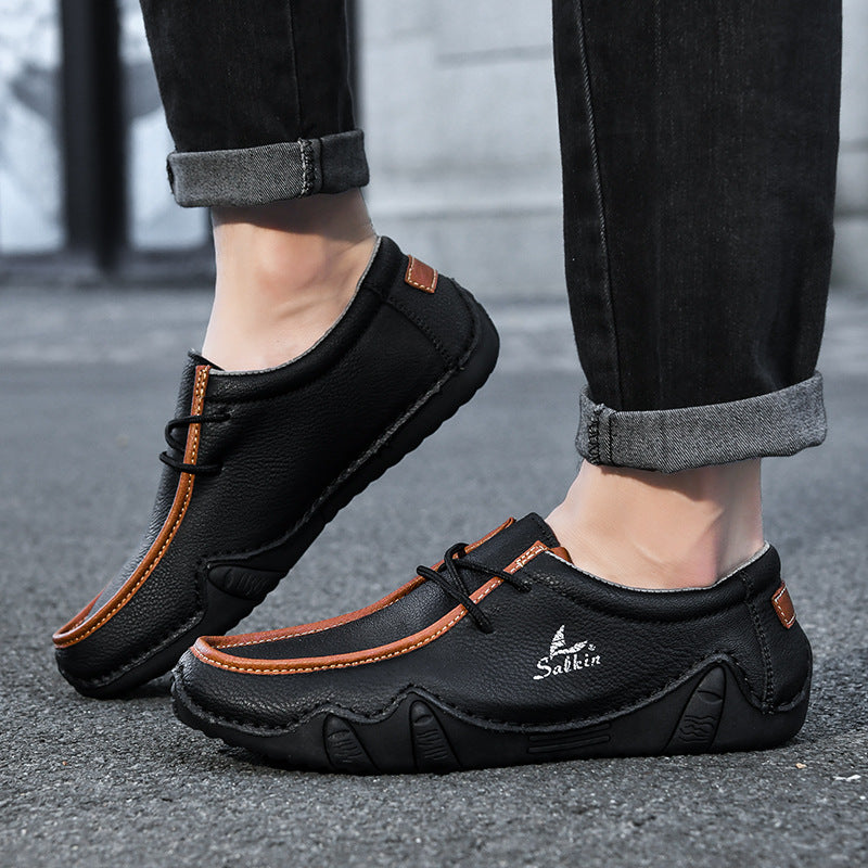 Men's Casual Suede Loafers with Contrast Stitching and Textured Sole - Bellkmart