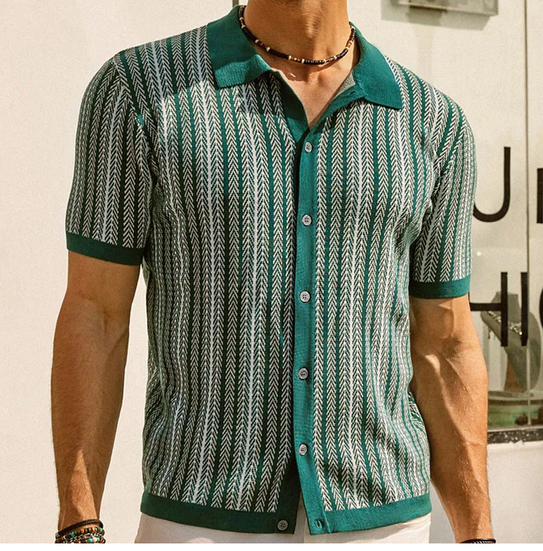 Mens Cuban Stripe Shirts Vintage Short Sleeve Knit Button Polo Shirts - Bellkmart