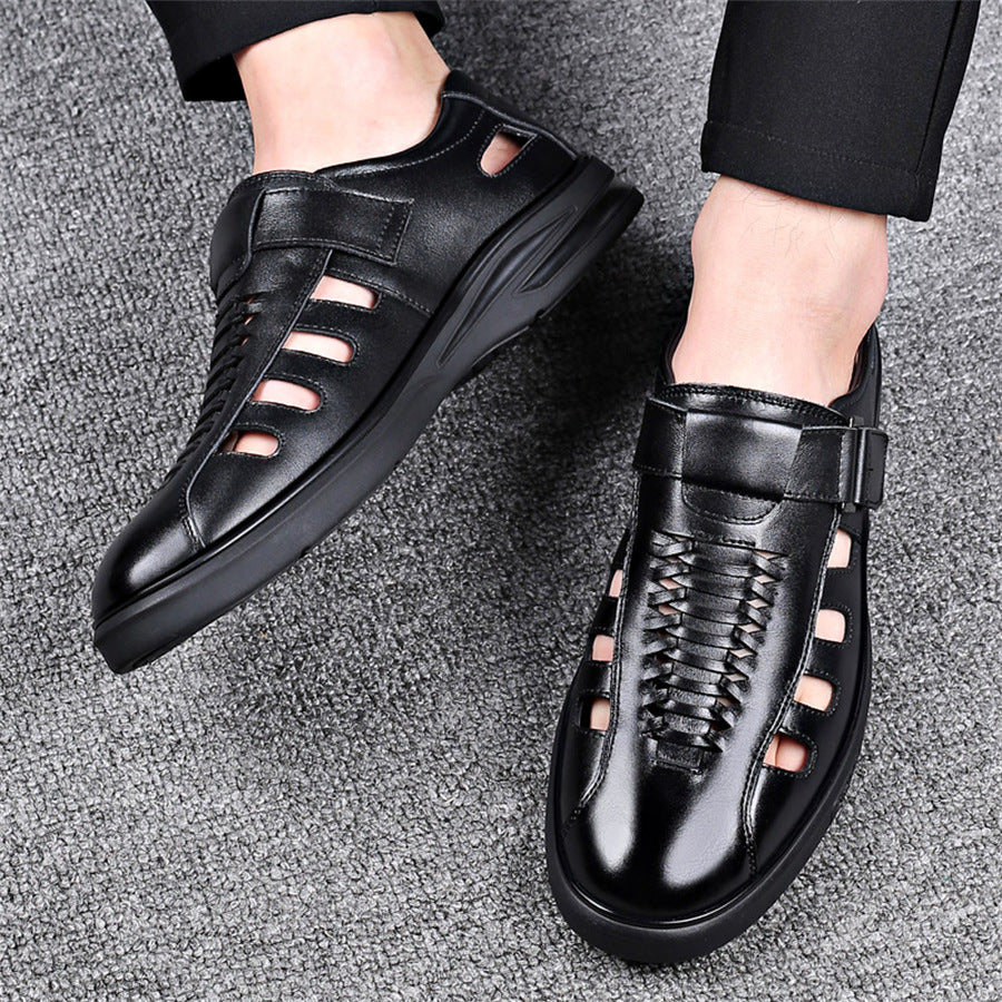 Men's Leather Sandals with Woven Detailing and Adjustable Buckle Strap - Bellkmart