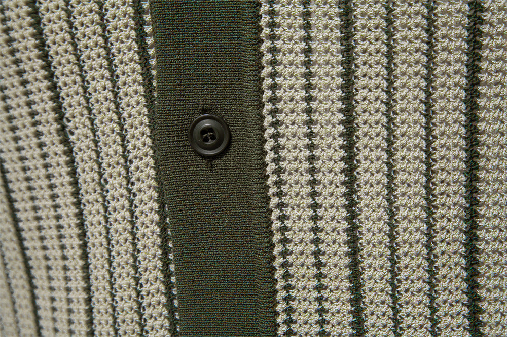 Men's Short-Sleeve Knitted Button-Up Striped Pattern and Contrast Trim Shirt - Bellkmart