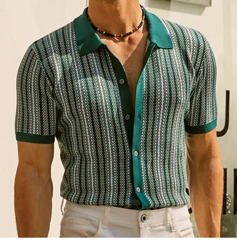 Mens Cuban Stripe Shirts Vintage Short Sleeve Knit Button Polo Shirts - Bellkmart