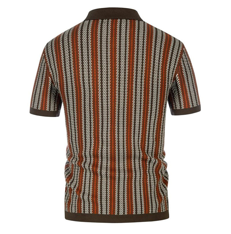 Mens Cuban Stripe Shirts Vintage Short Sleeve Knit Button Polo Shirts - Bellkmart