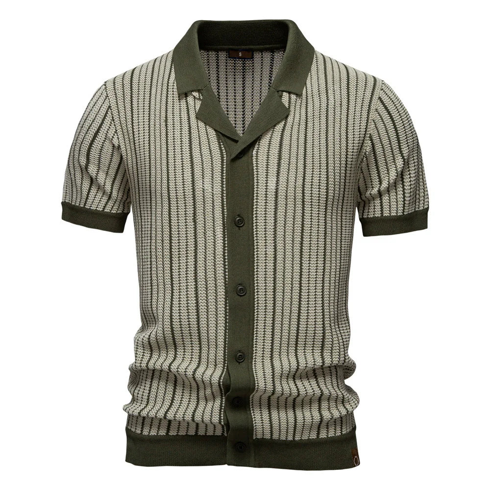 Men's Short-Sleeve Knitted Button-Up Striped Pattern and Contrast Trim Shirt