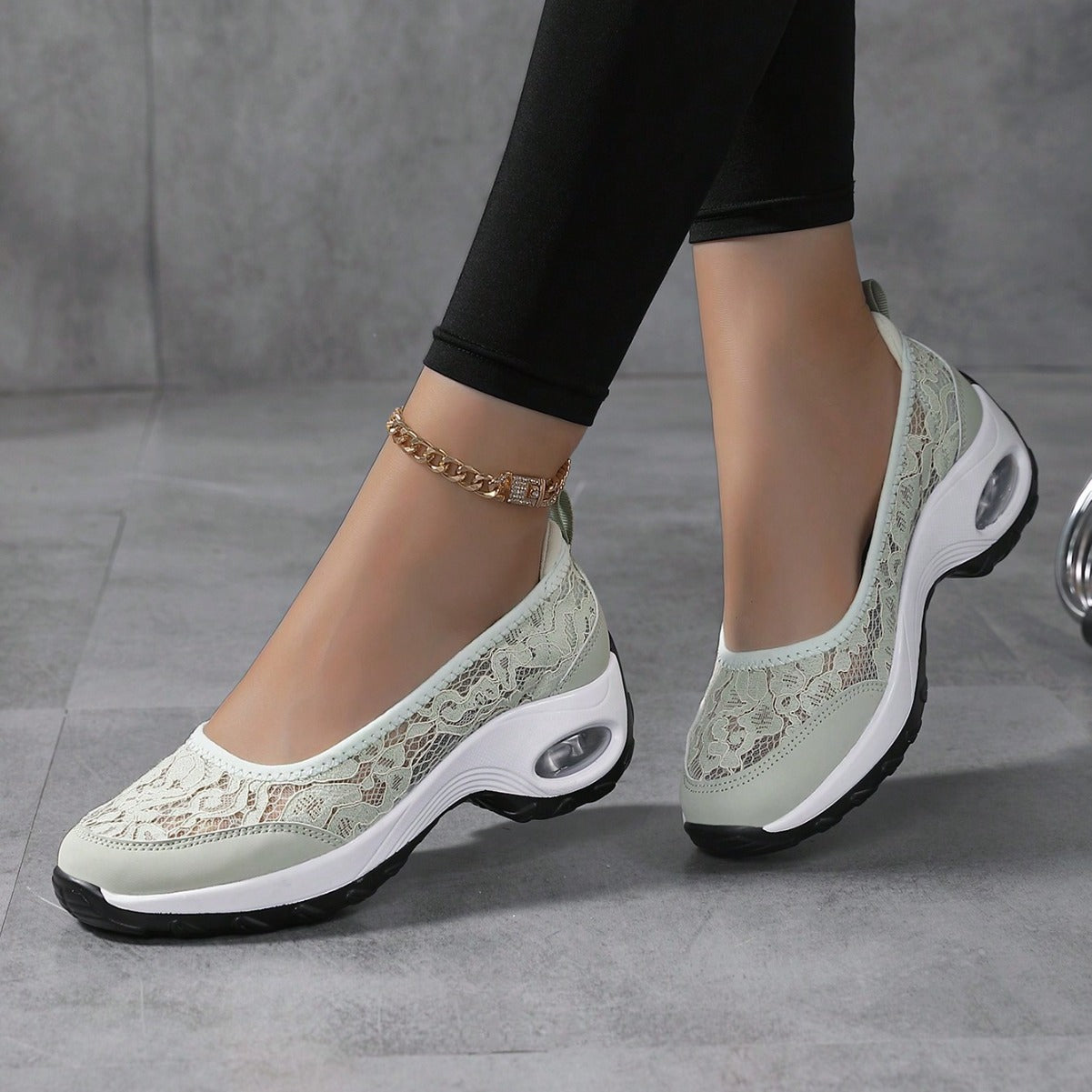 Women's Slip-On Lace Sneakers with Air-Cushioned Sole and Pull-Tab - Bellkmart