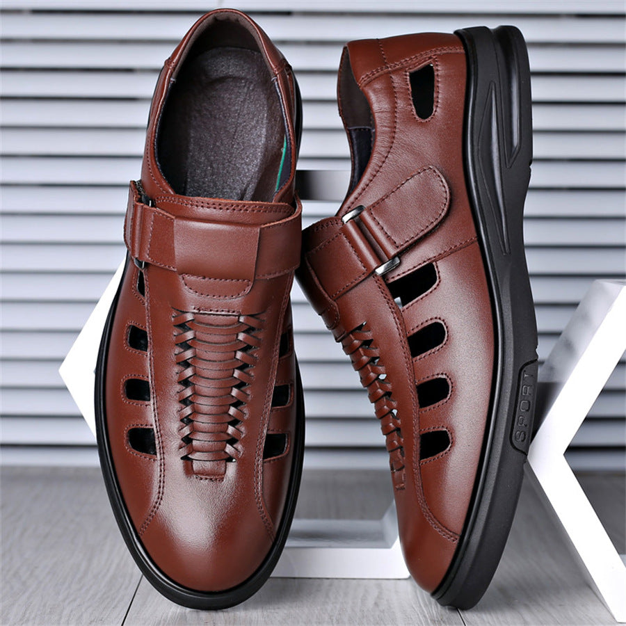 Men's Leather Sandals with Woven Detailing and Adjustable Buckle Strap - Bellkmart
