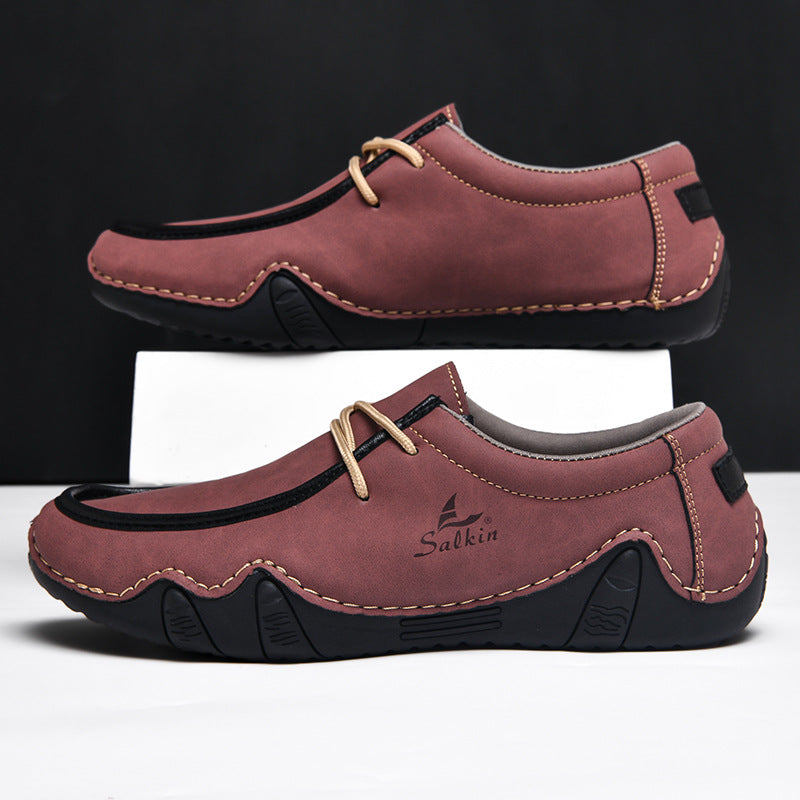 Men's Casual Suede Loafers with Contrast Stitching and Textured Sole - Bellkmart