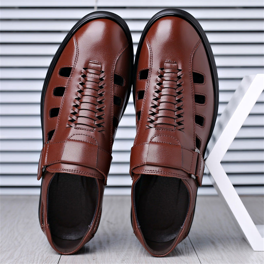 Men's Leather Sandals with Woven Detailing and Adjustable Buckle Strap - Bellkmart