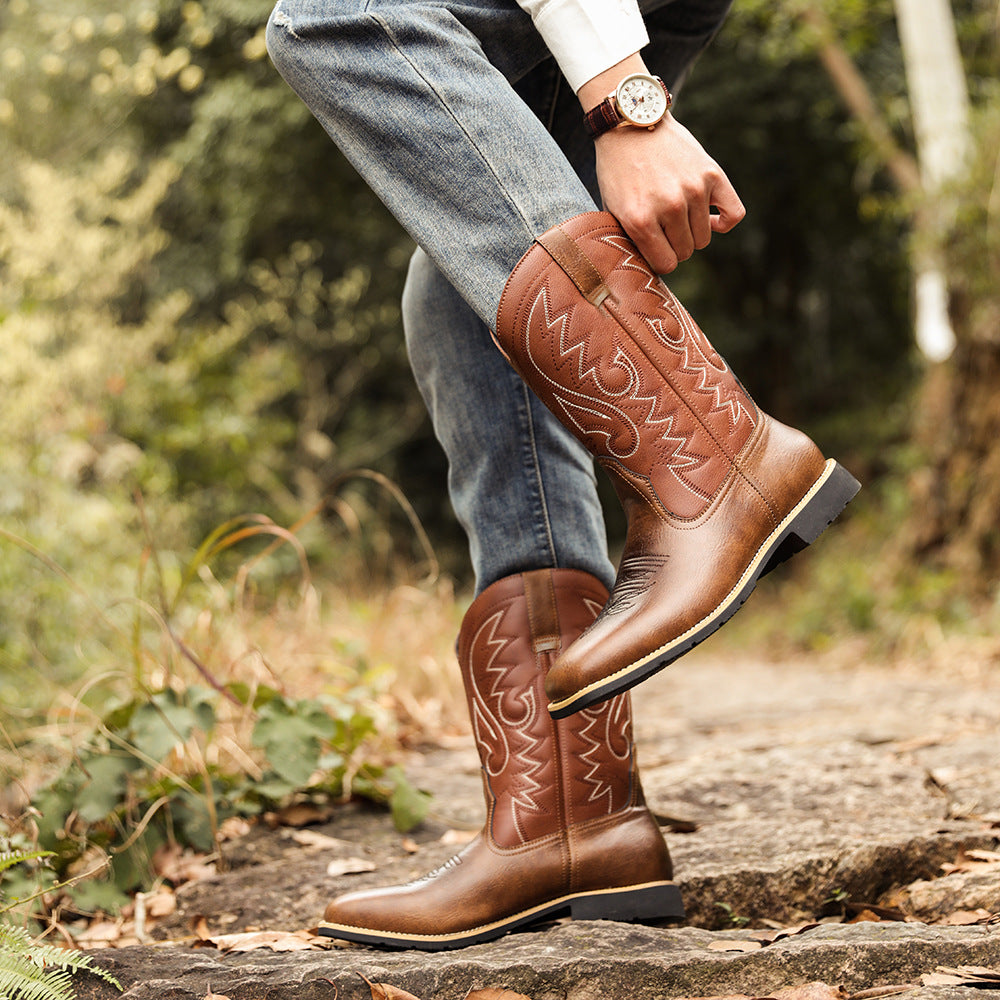 Embroidered Handmade Vintage Wide Toe Western Cowboy Boots - Bellkmart