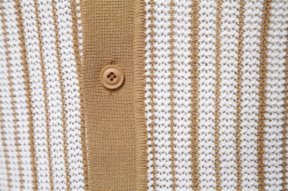 Men's Short-Sleeve Knitted Button-Up Striped Pattern and Contrast Trim Shirt - Bellkmart