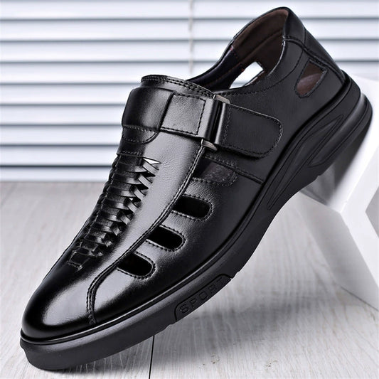 Men's Leather Sandals with Woven Detailing and Adjustable Buckle Strap - Bellkmart