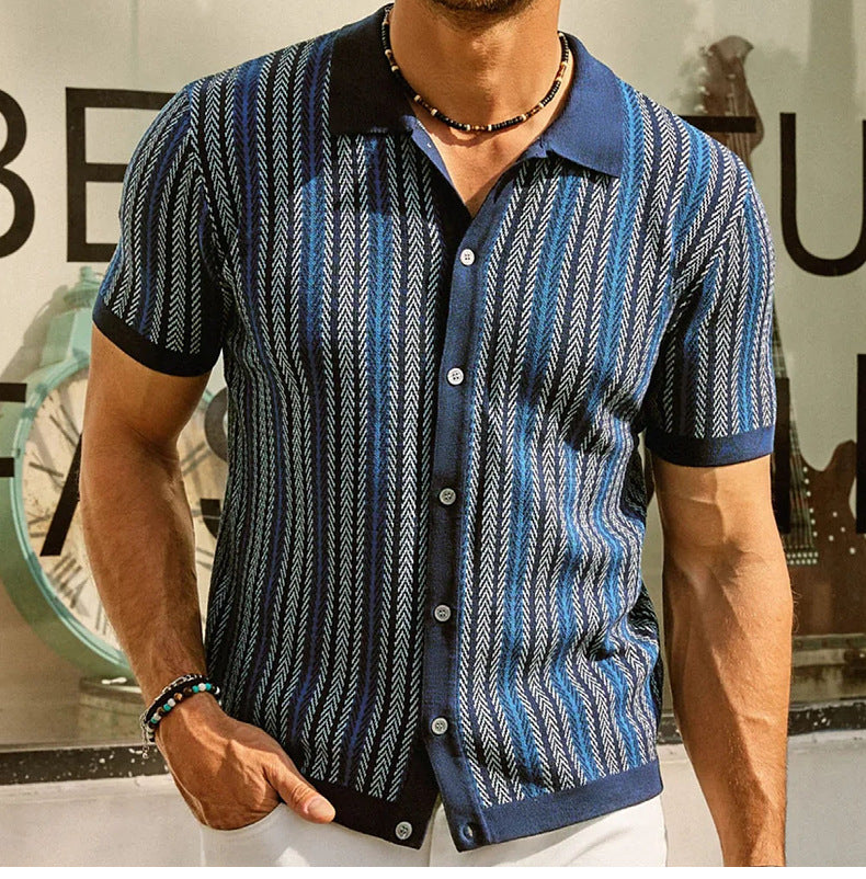 Mens Cuban Stripe Shirts Vintage Short Sleeve Knit Button Polo Shirts - Bellkmart