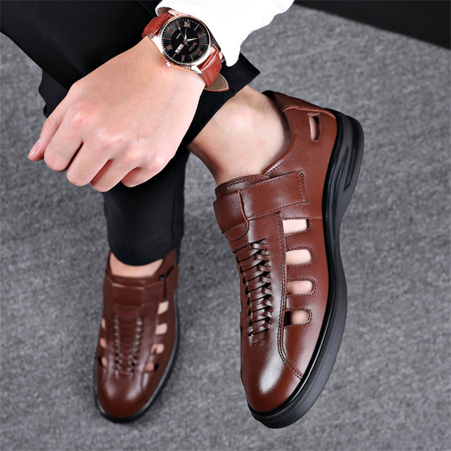 Men's Leather Sandals with Woven Detailing and Adjustable Buckle Strap - Bellkmart