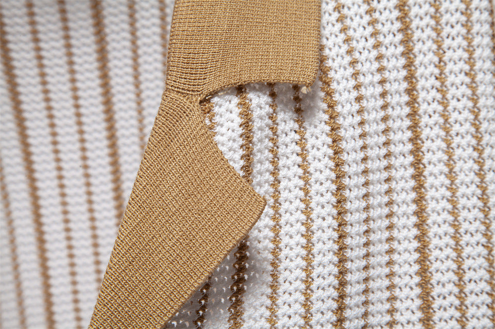 Men's Short-Sleeve Knitted Button-Up Striped Pattern and Contrast Trim Shirt - Bellkmart