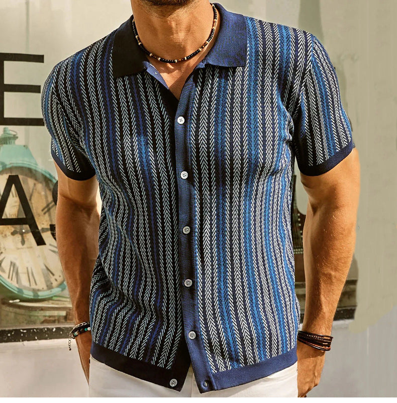 Mens Cuban Stripe Shirts Vintage Short Sleeve Knit Button Polo Shirts - Bellkmart