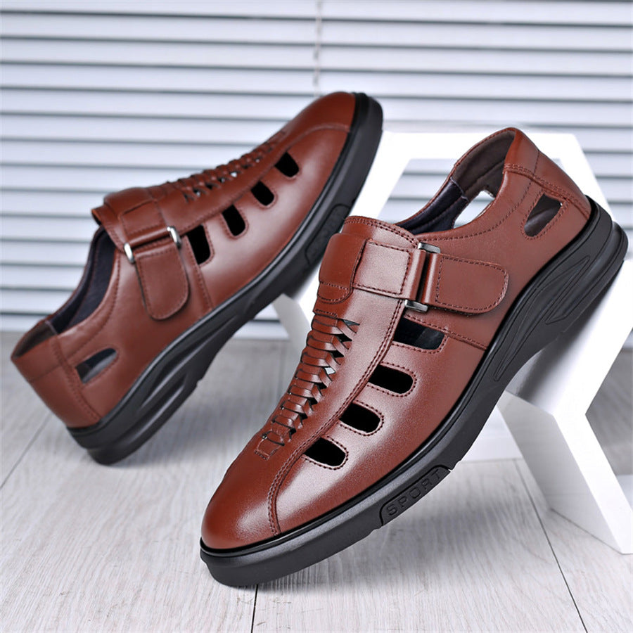 Men's Leather Sandals with Woven Detailing and Adjustable Buckle Strap - Bellkmart