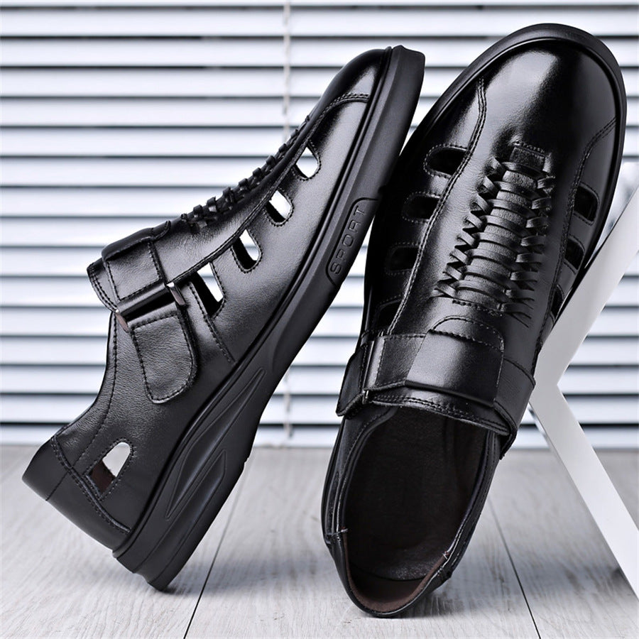 Men's Leather Sandals with Woven Detailing and Adjustable Buckle Strap - Bellkmart
