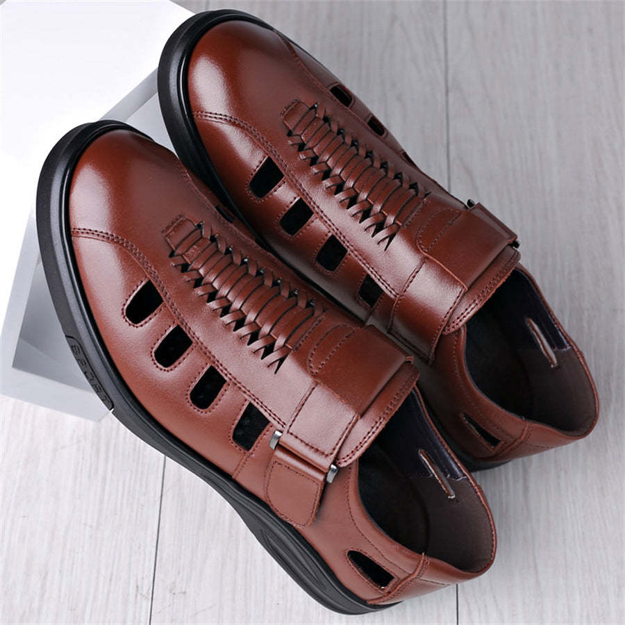 Men's Leather Sandals with Woven Detailing and Adjustable Buckle Strap - Bellkmart