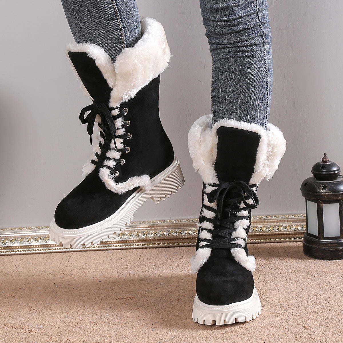 Women Solid Color Fluff Warm Snow Boots - Bellkmart