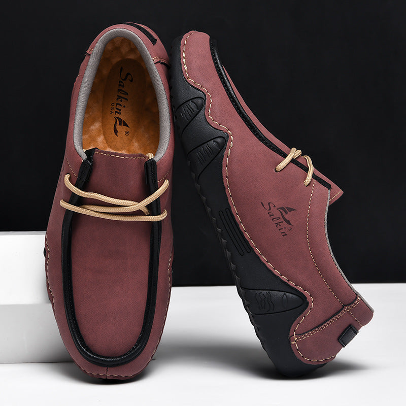 Men's Casual Suede Loafers with Contrast Stitching and Textured Sole - Bellkmart