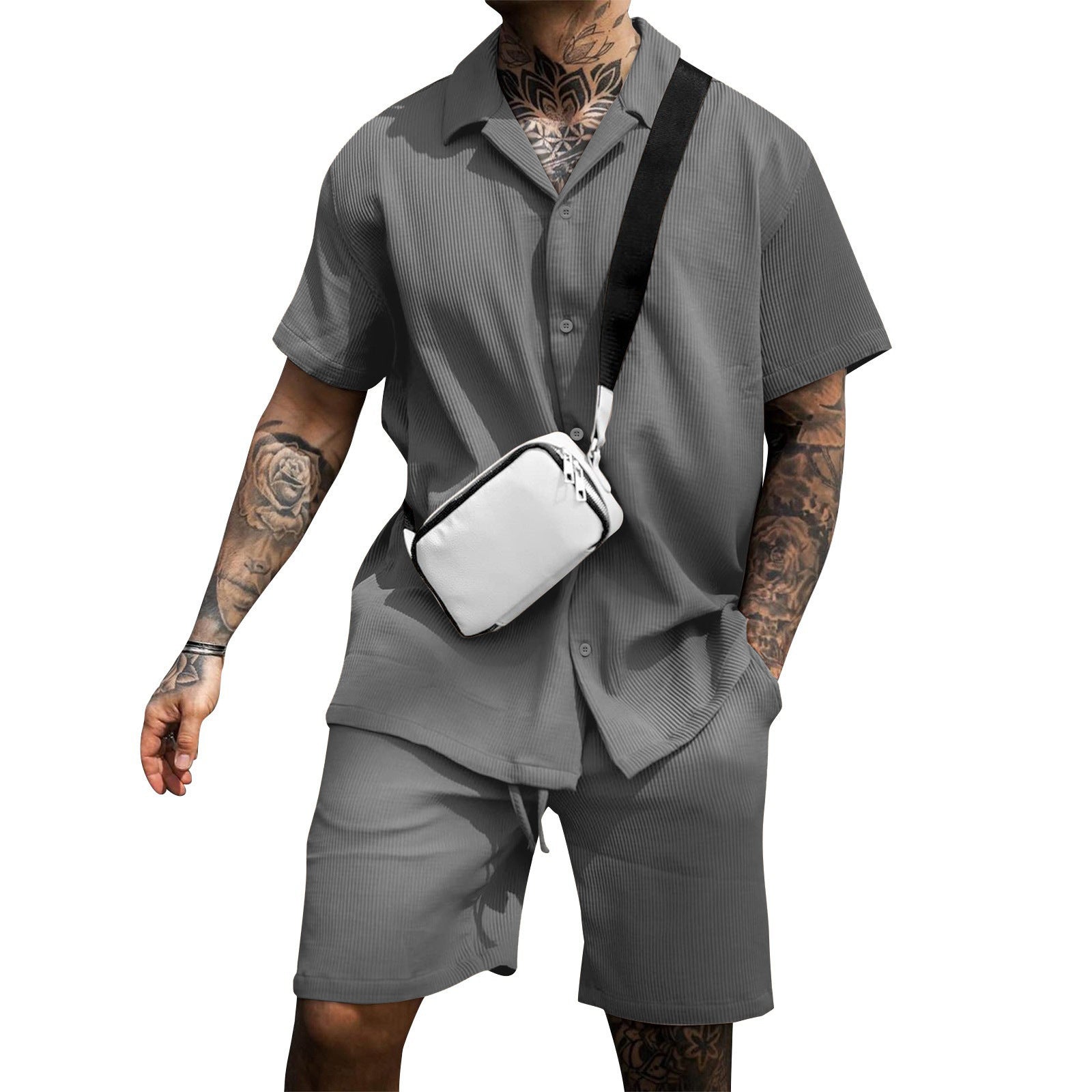 Stylish Ribbed Effortless Comfort Modern Elegance Shirt & Shorts Set - Bellkmart
