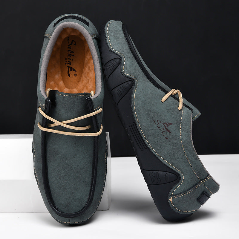 Men's Casual Suede Loafers with Contrast Stitching and Textured Sole - Bellkmart