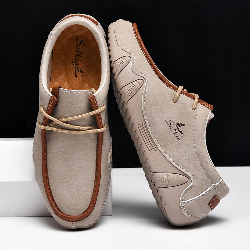 Men's Casual Suede Loafers with Contrast Stitching and Textured Sole - Bellkmart