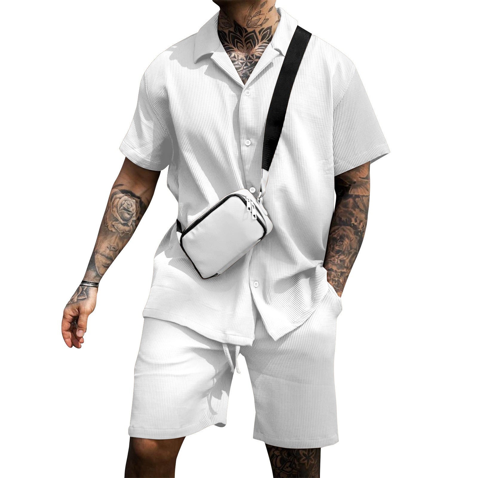 Stylish Ribbed Effortless Comfort Modern Elegance Shirt & Shorts Set - Bellkmart