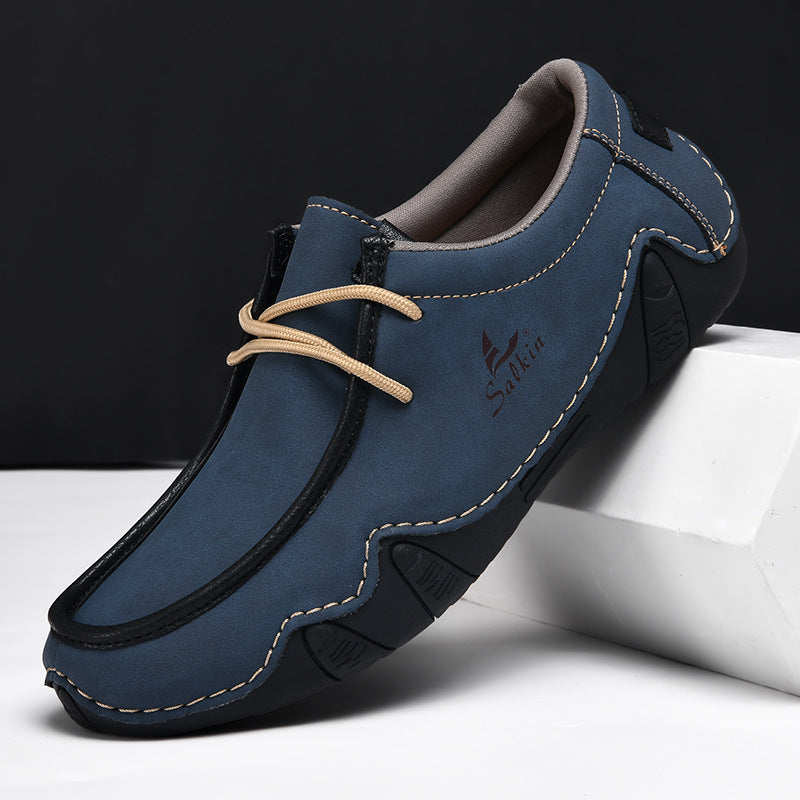 Men's Casual Suede Loafers with Contrast Stitching and Textured Sole - Bellkmart