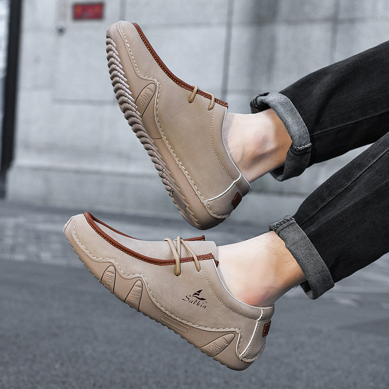 Men's Casual Suede Loafers with Contrast Stitching and Textured Sole - Bellkmart
