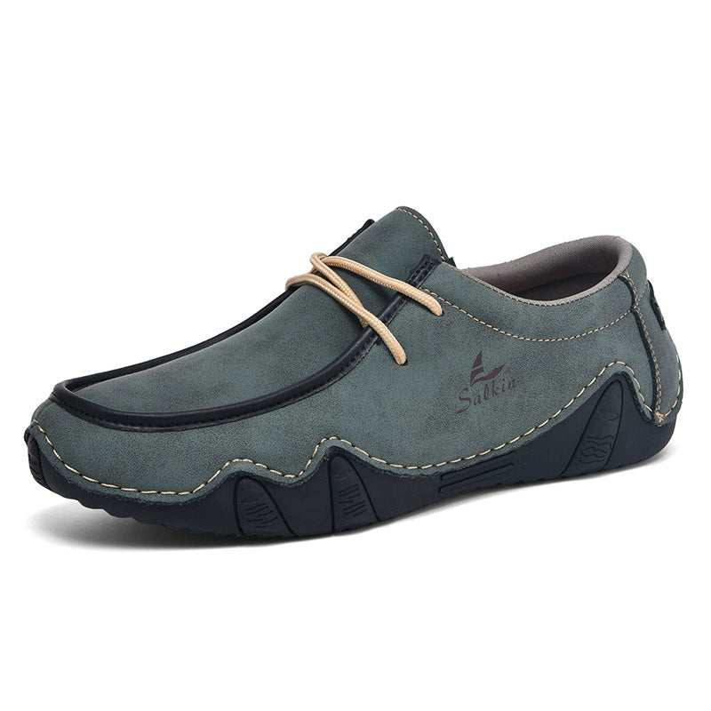 Men's Casual Suede Loafers with Contrast Stitching and Textured Sole - Bellkmart