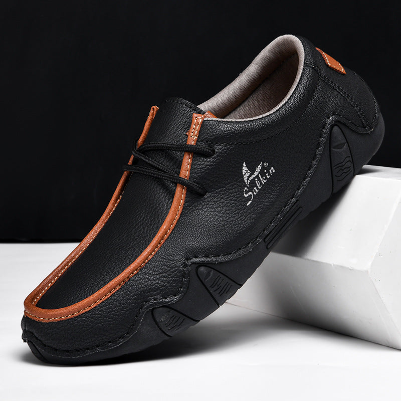 Men's Casual Suede Loafers with Contrast Stitching and Textured Sole - Bellkmart