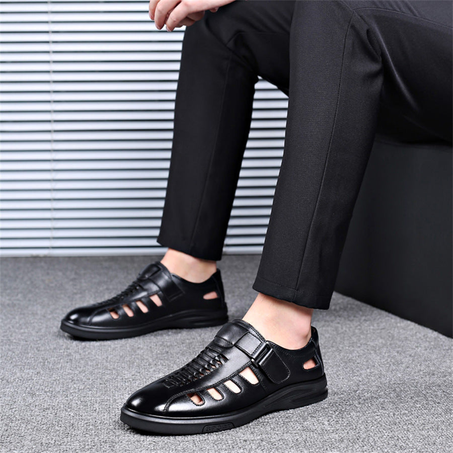 Men's Leather Sandals with Woven Detailing and Adjustable Buckle Strap - Bellkmart