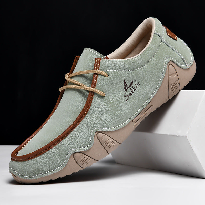 Men's Casual Suede Loafers with Contrast Stitching and Textured Sole - Bellkmart