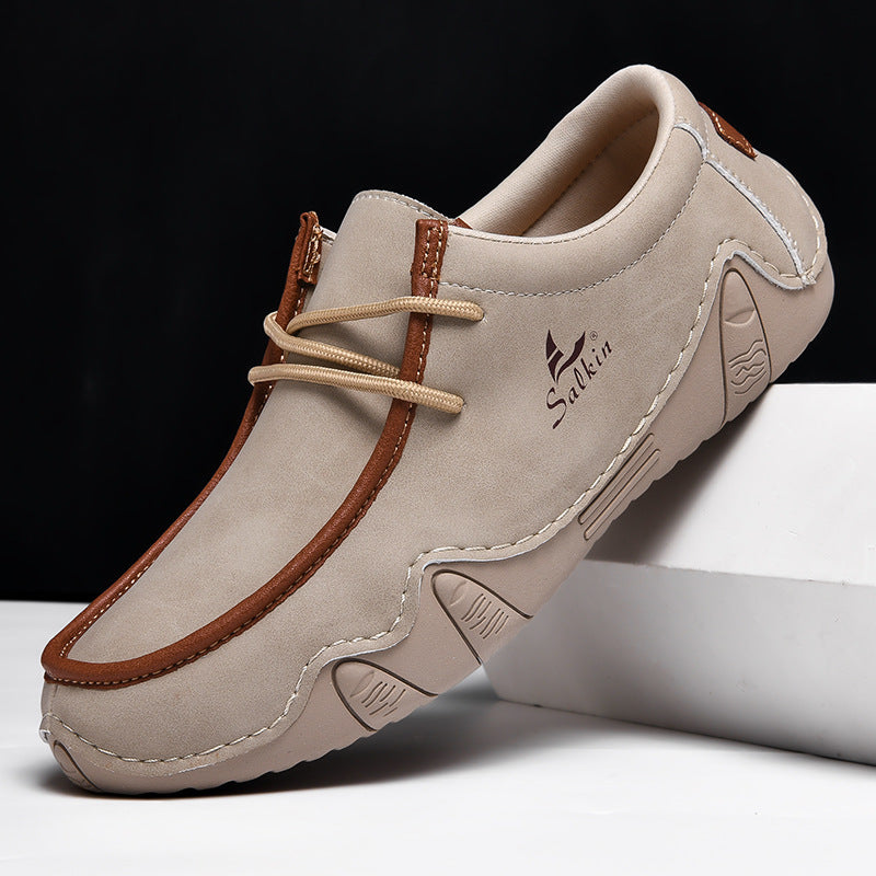 Men's Casual Suede Loafers with Contrast Stitching and Textured Sole - Bellkmart