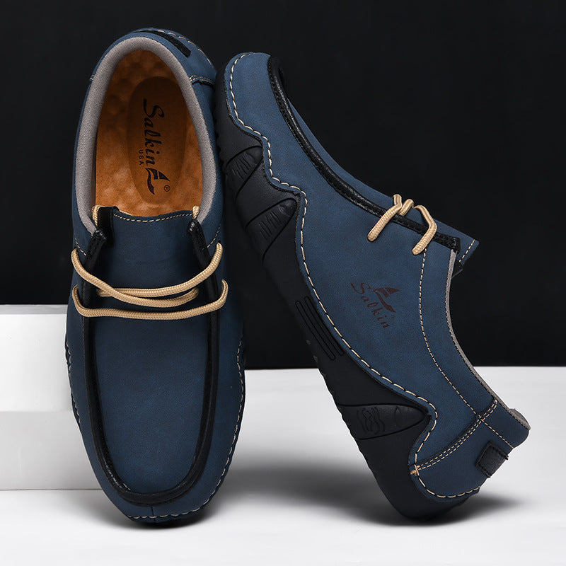 Men's Casual Suede Loafers with Contrast Stitching and Textured Sole - Bellkmart