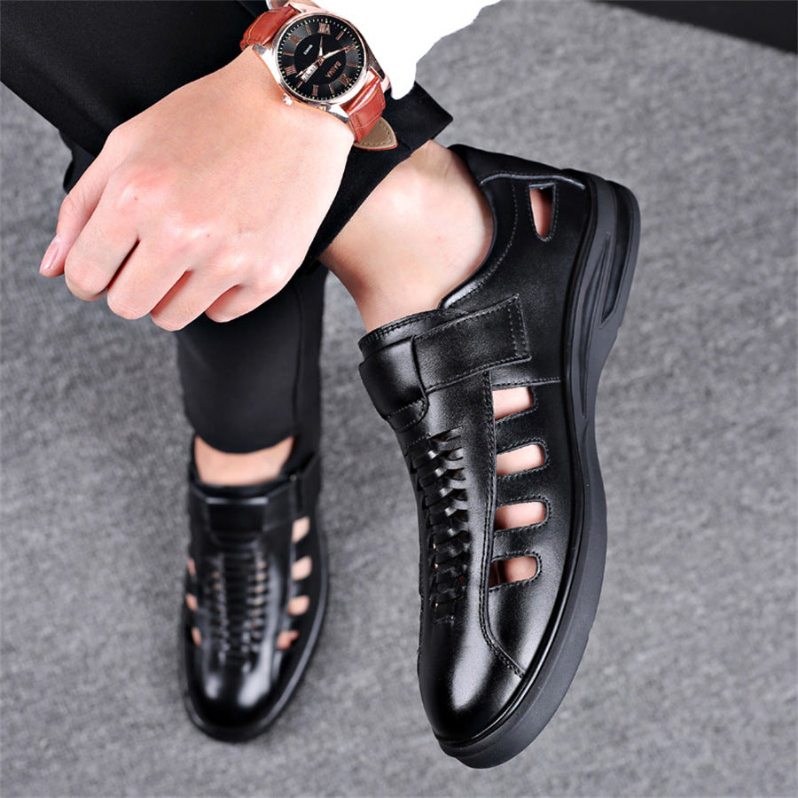 Men's Leather Sandals with Woven Detailing and Adjustable Buckle Strap - Bellkmart
