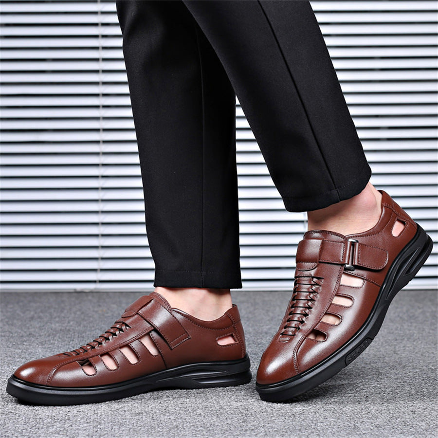Men's Leather Sandals with Woven Detailing and Adjustable Buckle Strap - Bellkmart