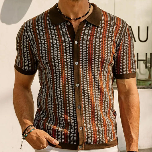 Mens Cuban Stripe Shirts Vintage Short Sleeve Knit Button Polo Shirts - Bellkmart