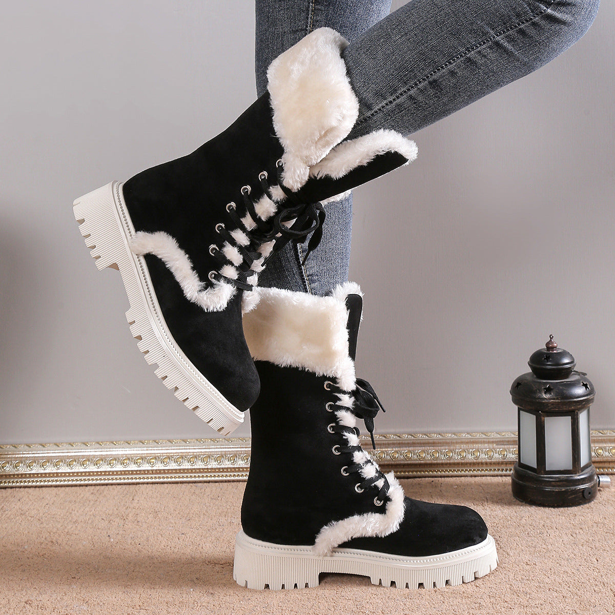 Women Solid Color Fluff Warm Snow Boots - Bellkmart