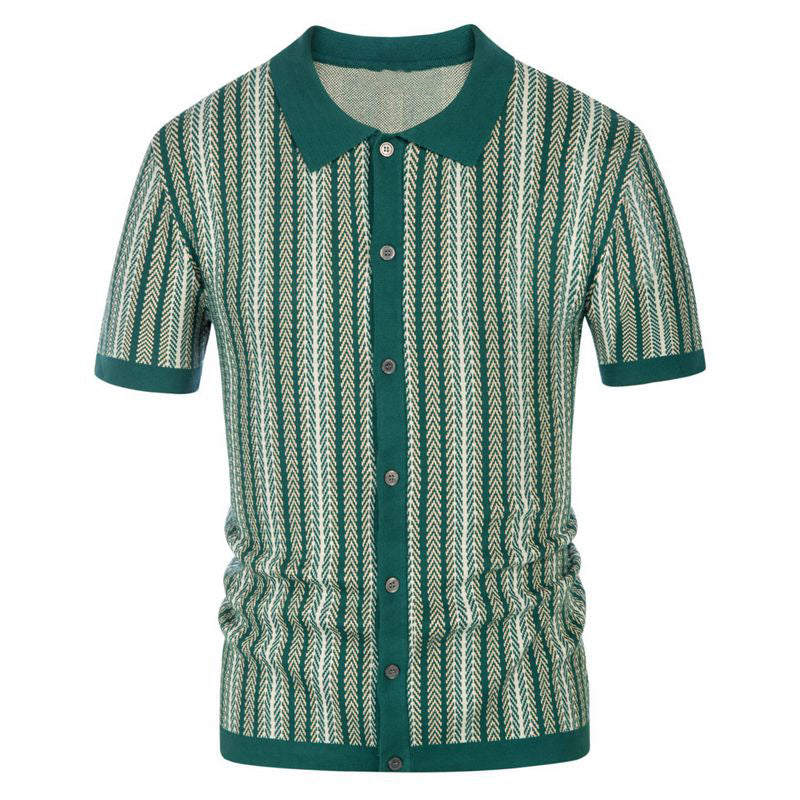 Mens Cuban Stripe Shirts Vintage Short Sleeve Knit Button Polo Shirts - Bellkmart