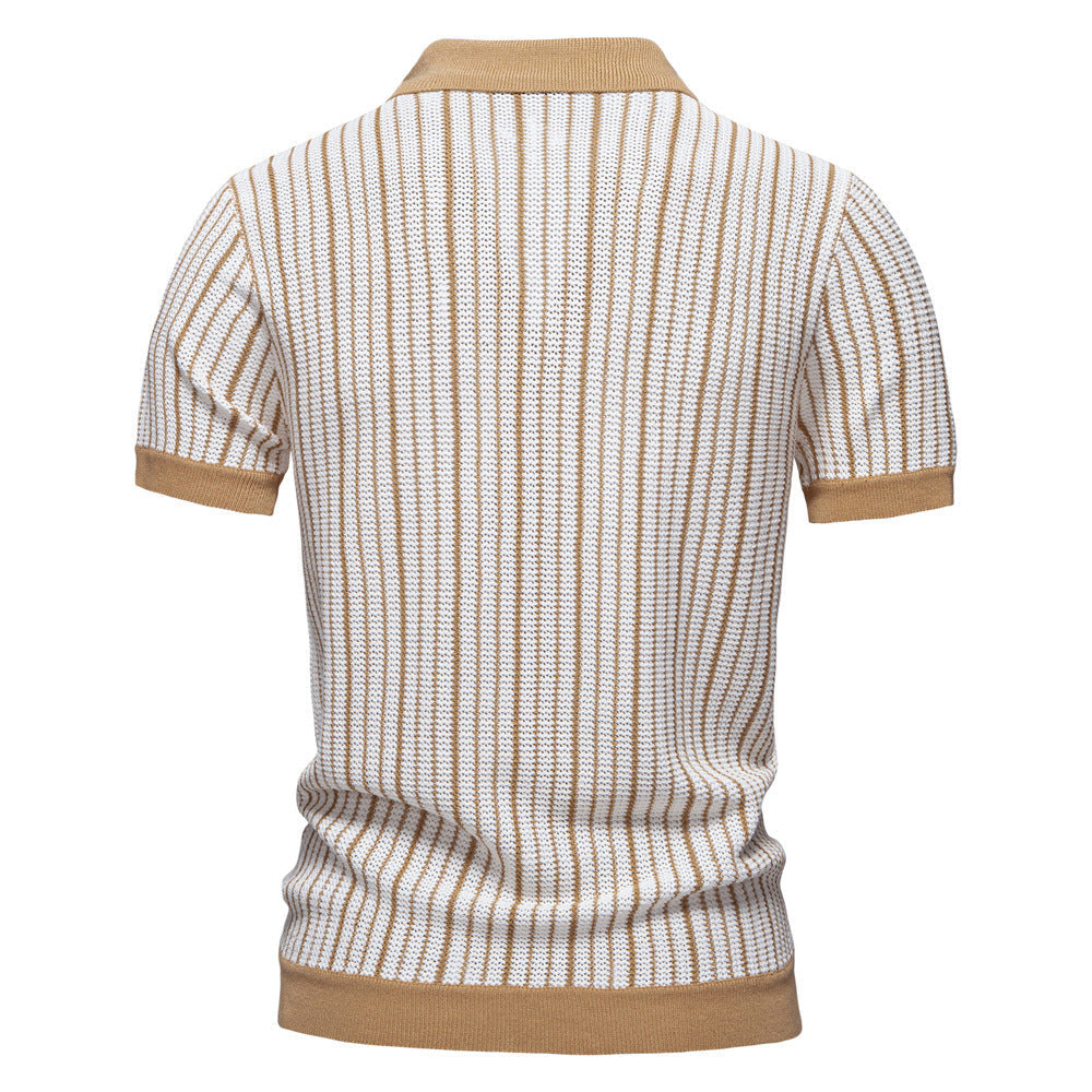 Men's Short-Sleeve Knitted Button-Up Striped Pattern and Contrast Trim Shirt - Bellkmart