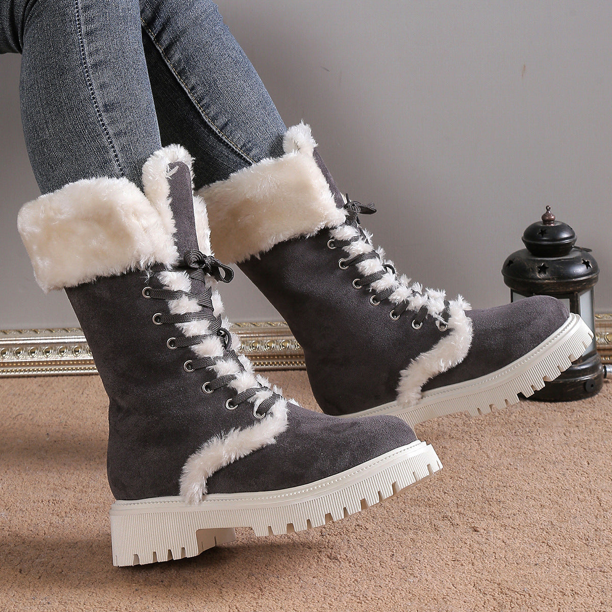 Women Solid Color Fluff Warm Snow Boots - Bellkmart