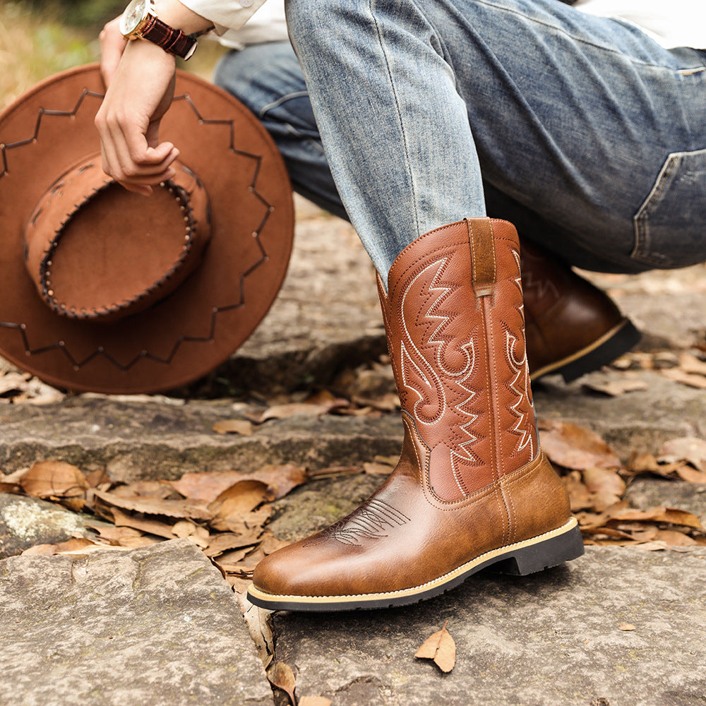 Embroidered Handmade Vintage Wide Toe Western Cowboy Boots - Bellkmart
