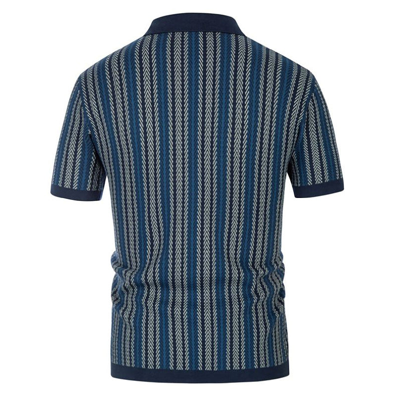 Mens Cuban Stripe Shirts Vintage Short Sleeve Knit Button Polo Shirts - Bellkmart