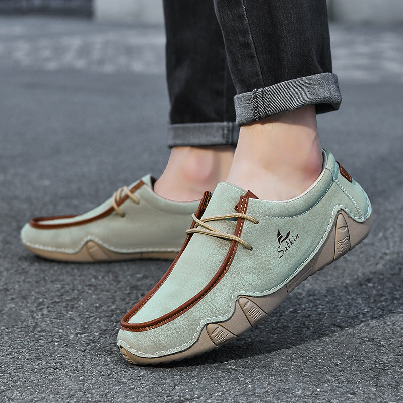 Men's Casual Suede Loafers with Contrast Stitching and Textured Sole - Bellkmart