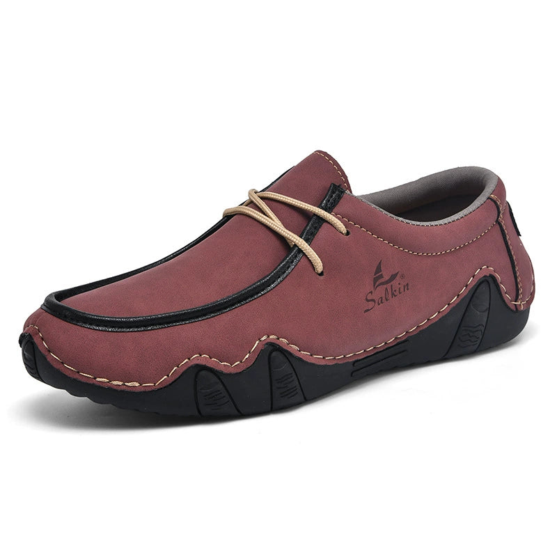 Men's Casual Suede Loafers with Contrast Stitching and Textured Sole - Bellkmart